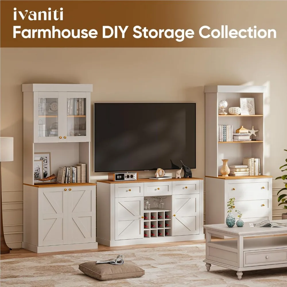 Mueble para bar de vinos de granja, mueble para bar de café de 54 pulgadas con botellero y soporte para copas, 3 cajones, mueble moderno para licores