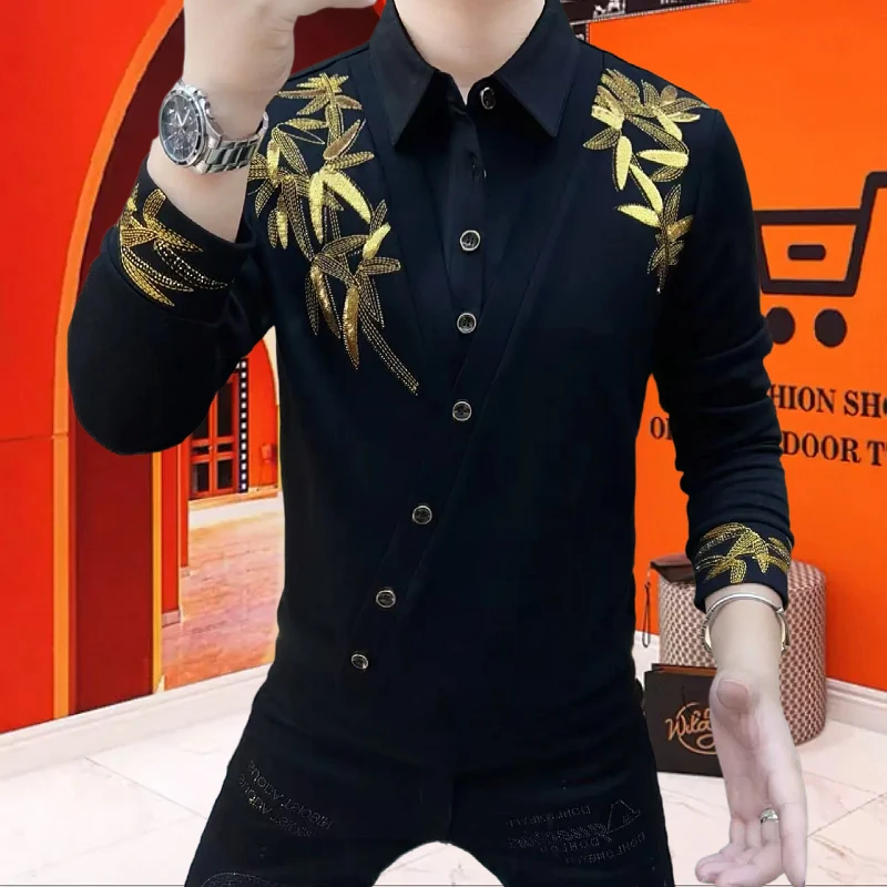 

Осенне-зимняя модная европейская версия, мужская толстовка с отложным воротником и стразами Camisa Social Masculina, мужские повседневные рубашки