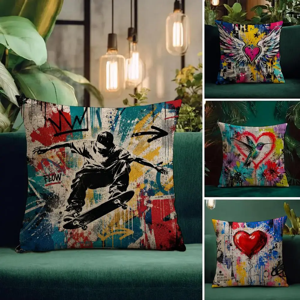 Artist Banksy Graffiti Art Cushion Cover Natural Linen Pillowcase Set Cushion Cover for Sofa Bedroom Chair