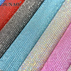 JUNAO 24*40cm Glitter Crystal AB Glass Rhinestone Trim Mesh Fabric Sheets Hotfix Strass Ribbon Stones For DIY Garment Crafts