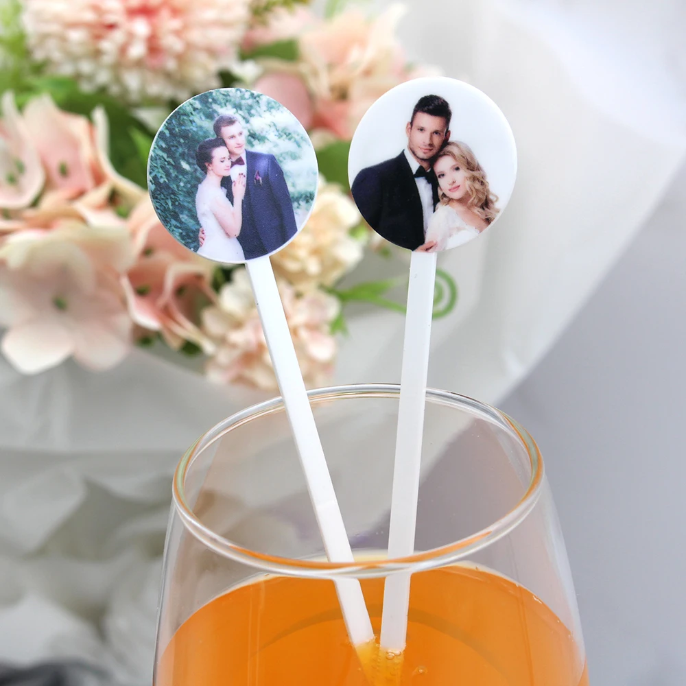 

50pcs Personalised Print Photo 15CM/18CM Round Drink Stirrers Wedding Decorations Bachelorette Party Cocktail Stirrer Decor