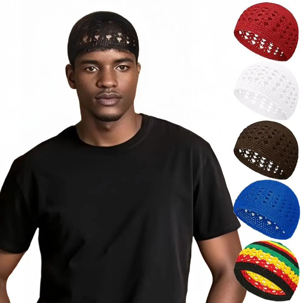 Jednokolorowe szydełkowe czapki beanie unisex rozciągliwa ręcznie robiona bawełniana czapka z czaszkami Winer ciepła czapka z dzianiny Kufi dla muzułmanów