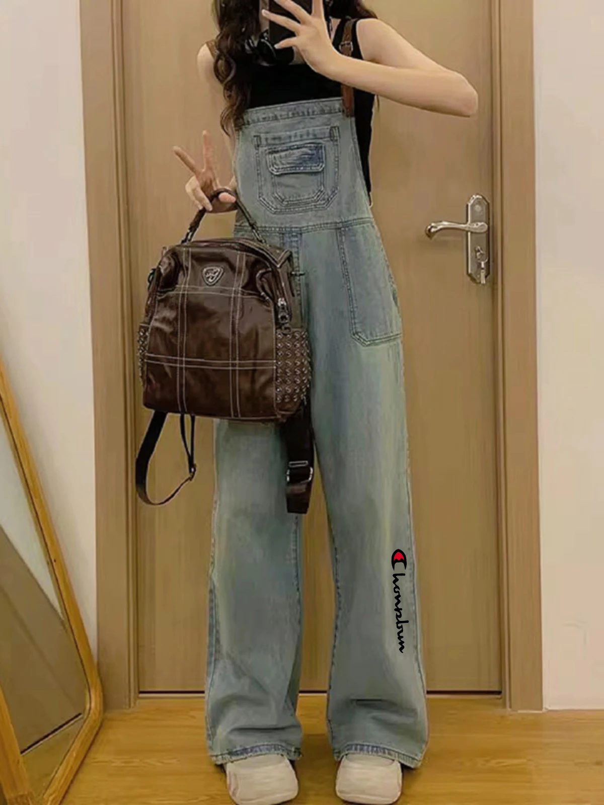 Adorable American Sle Denim Overalls Women's Spring Autumn Loose Wide Leg Workwear High Waist Casual Zipper High Waist