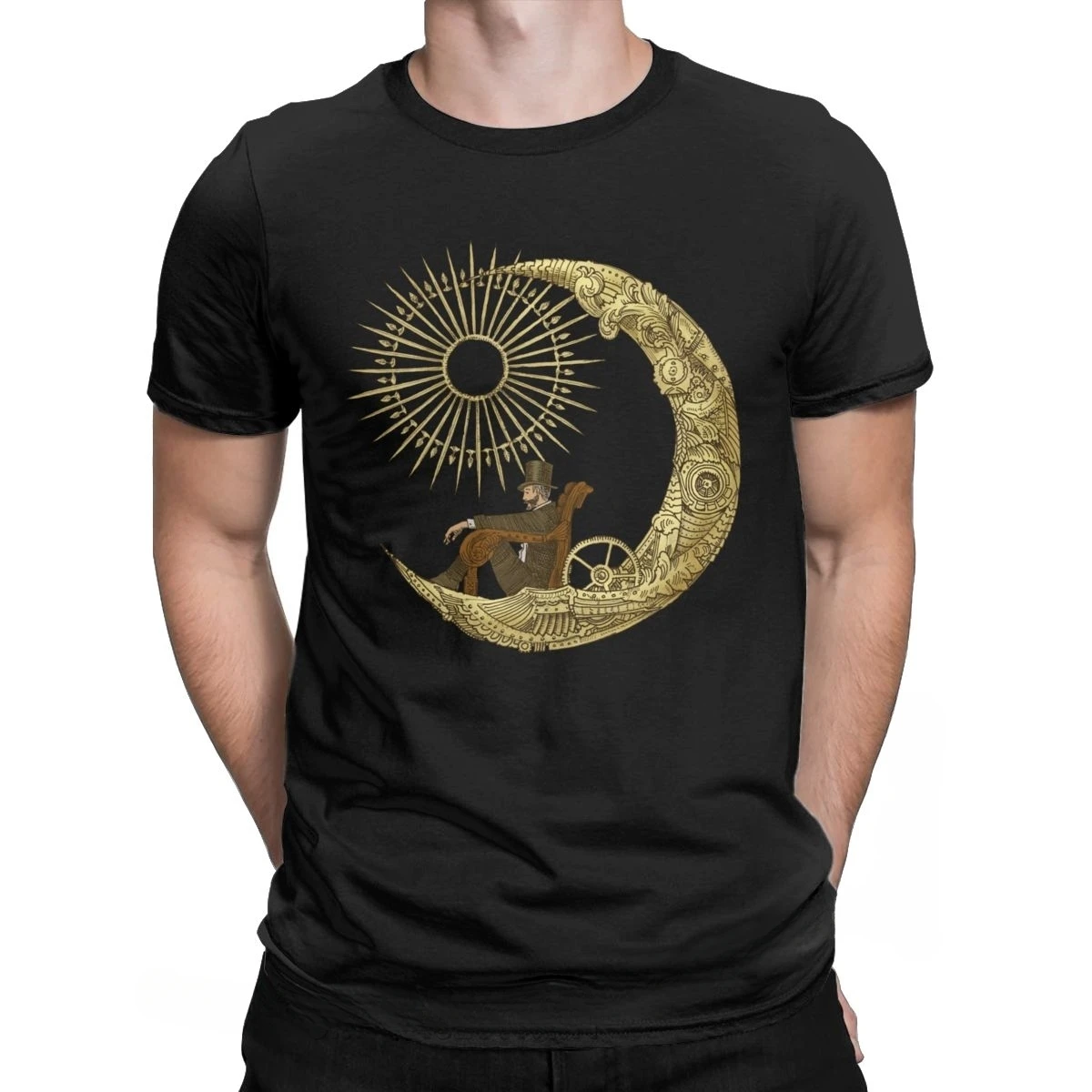 

O Neck Classic Short Sleeve T Shirt Party Tops Moon Travel T-Shirts For Men Steampunk Vintage Surrealism Crazy Cotton Tee Shirt