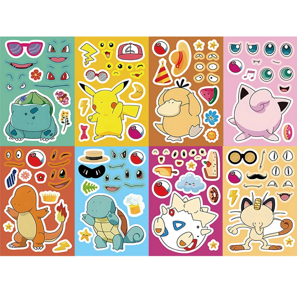 

8/16sheets Kawaii Cartoon Pokemon Puzzle Stickers Cute Pikachu Psyduck Make a Face DIY Assemble Jigsaw Decal Decoration Supplies
