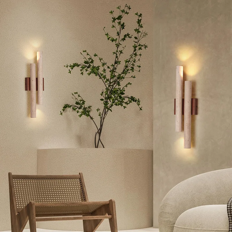 Long-strip yellow travertine wall lamp retro Wabi-sabi style lighting ideal for living room TV feature walls LED ambient light