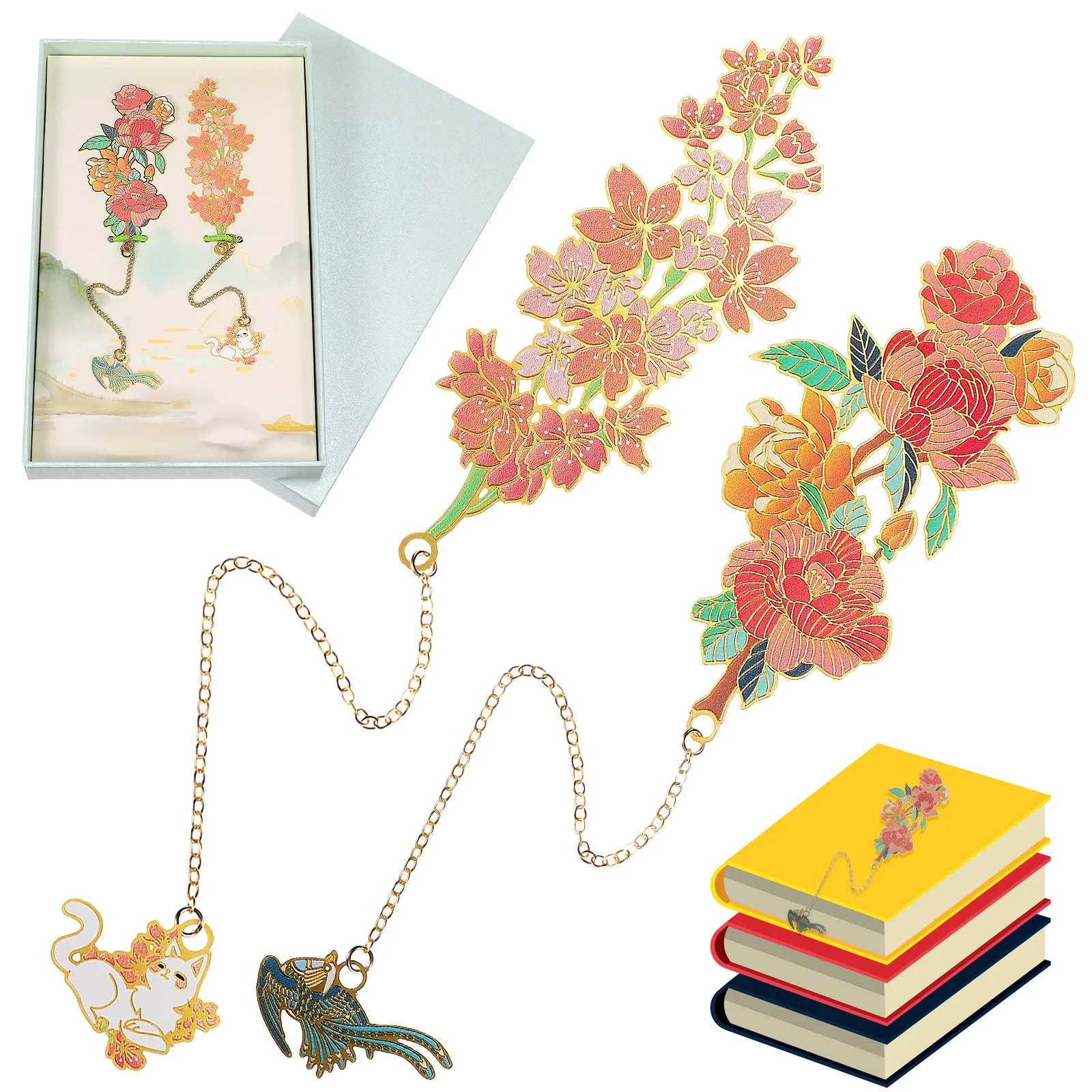 

2Pcs Metal Flower Bookmarks Cherry Blossom China Rose Stainless Steel Art Book Marks Pendant Reading