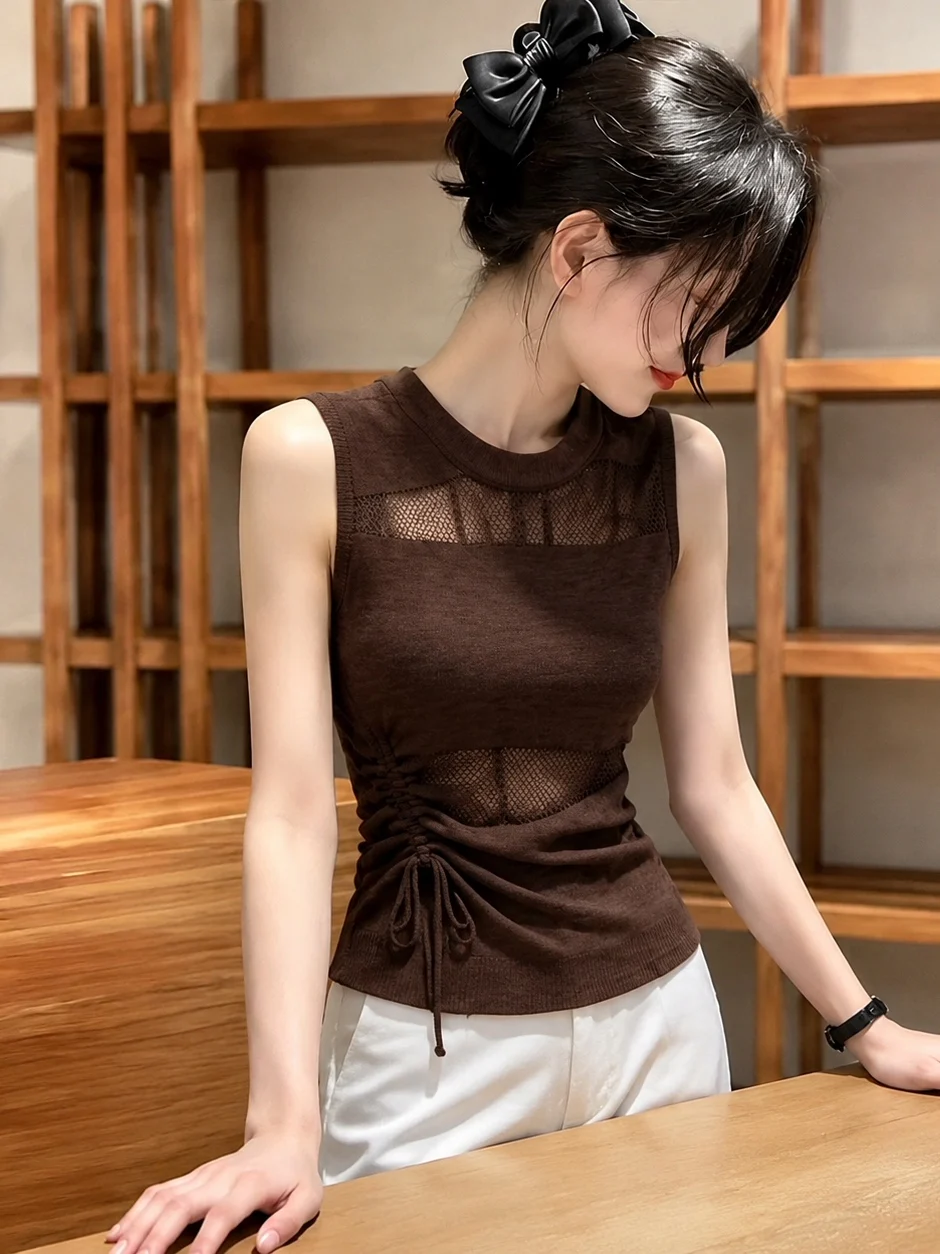 

Elegant Sleeveless Vest Women's Fashion Design Sensation Hollow out Waist Cinched Slim Fit Drawstring Design Summer 2026