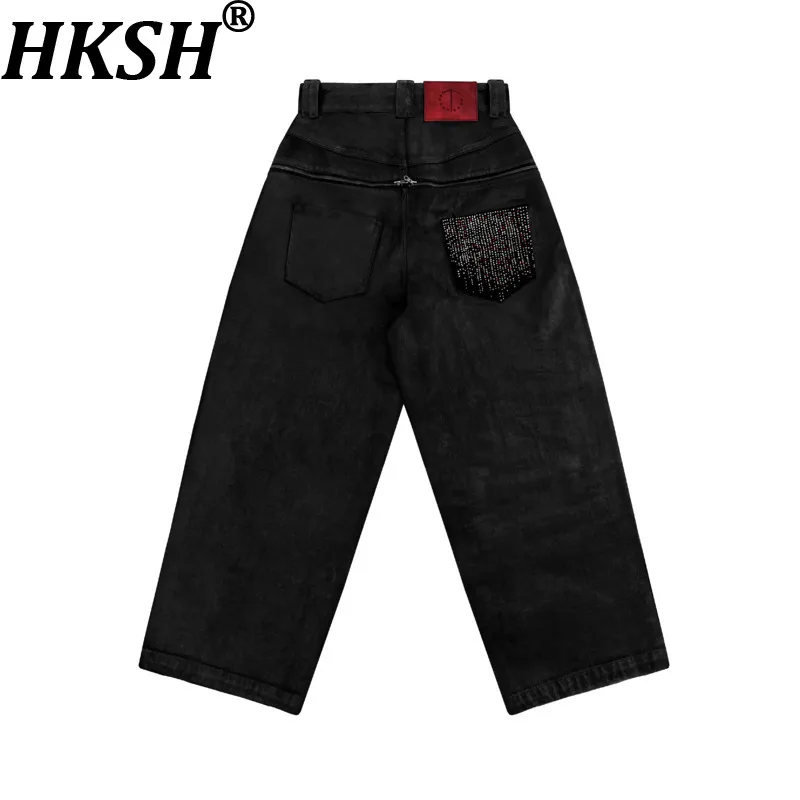 HKSH Spring Autumn New Men Niche Dark Wax Rivet Diamonds High Street Jeans Trend Fashion Zipper Design Denim Cargo Pants HK18844