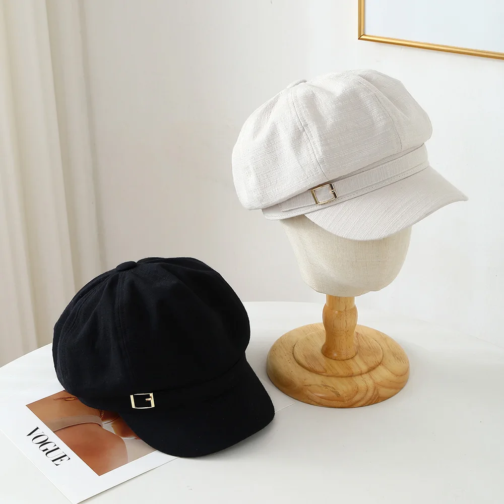 Schwarze Baskenmütze für koreanische Frauen, Künstlerinnen- und Malermütze, modische einfarbige achteckige Kappe mit Gürteldekor, Retro-Entenschnabelmütze, Mädchen-Beanies