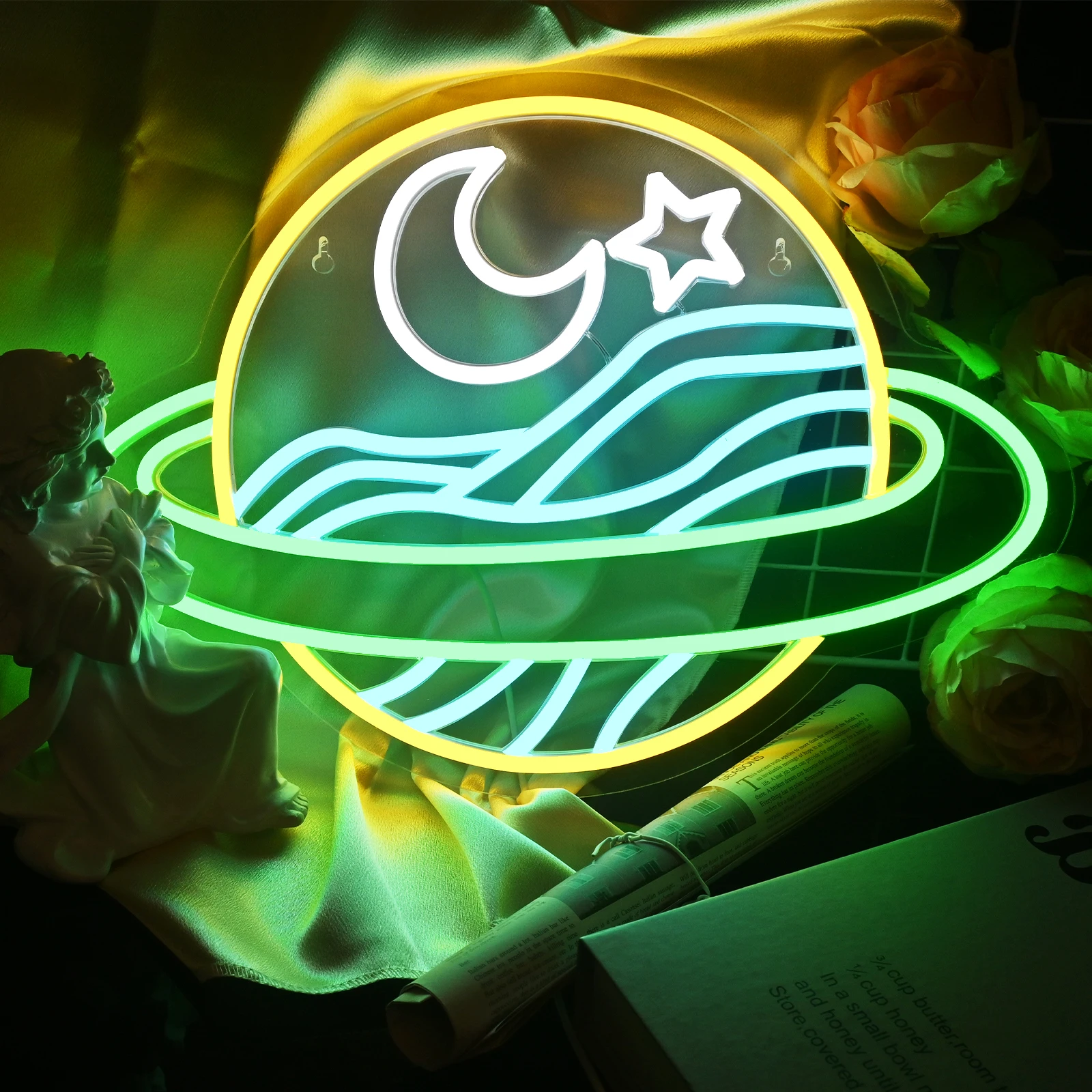 

Planet Neon Signs Moon Star Art Green LED Lights Wall Light Up Sign For Home Bedroom Bar Party Kid's Game Room Decoration Lamp