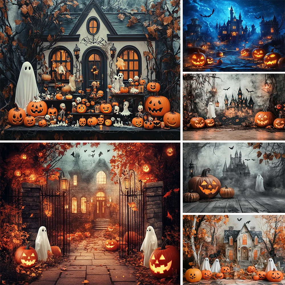 

Halloween Backdrop Horror Castle Ghost Pumpkin Lanterns Bat Witch Maple Baby Portrait Family Party Background for Photographs