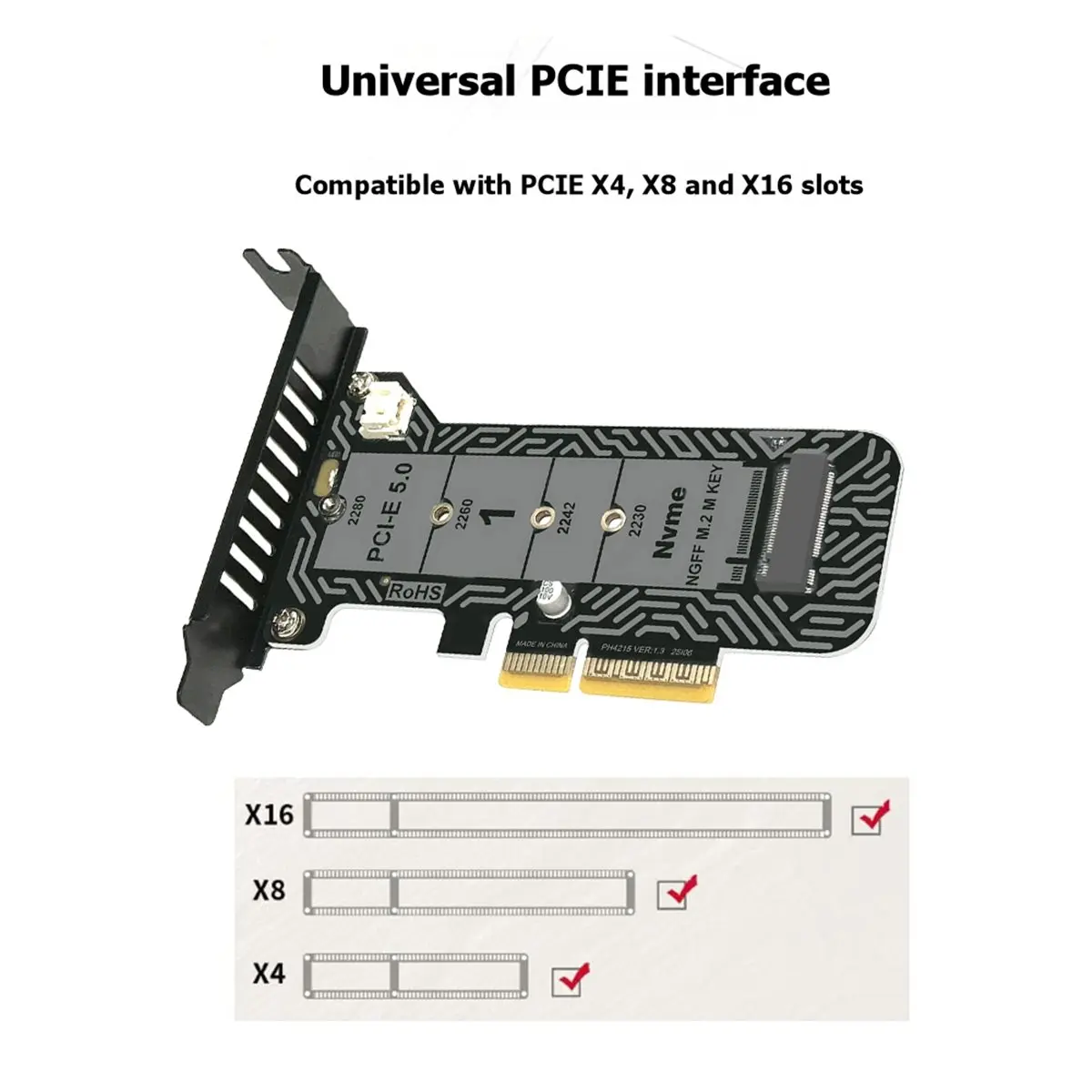 M.2 NVMe SSD to PCIe X4 Adapter Expansion Card PH4215 Half-Height Supports PCIe 5.0 for 2230/2242/2260/2280 SSDs