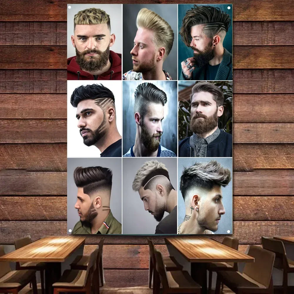 New Trendy Men's Hairstyles Poster Wall Charts Haircut and Shave Service Signboard Vintage Barber Shop Wall Decor Banner Flag