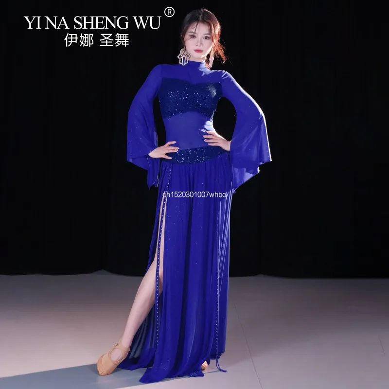 Vestido marroquí de manga larga con lentejuelas, corsé de danza del vientre de malla elástica, talla XL, ropa de lección Oriental, traje de danza del vientre