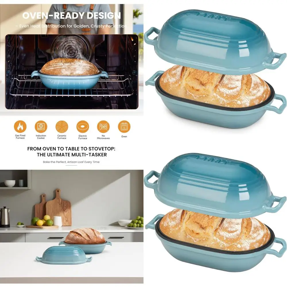 

Чугунная овальная эмалированная кастрюля 9 x 5.8 дюймов с крышкой для выпечки хлеба на закваске и мясных блюд, 2.8 кварты, для использования в духовке