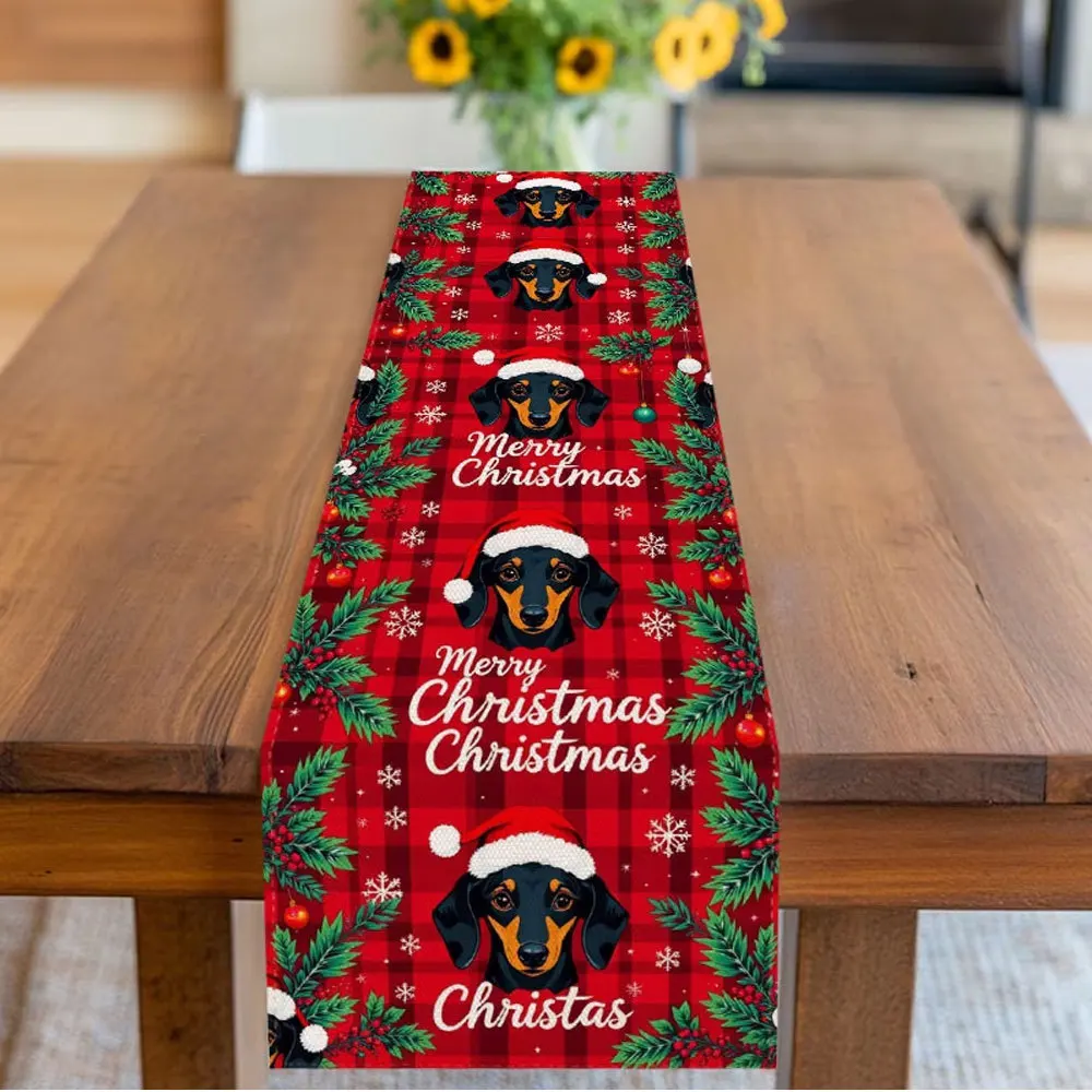 Linen Table Runner Nutcracker Soldiers with Pine Branches  Berries on Off White Traditional Christmas Kitchen Tablecloth