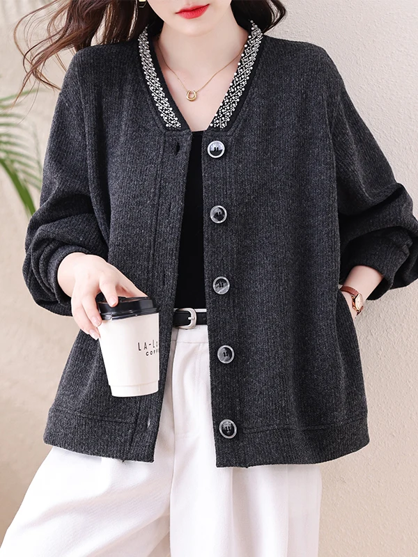 Authentic plus Size Knitted Jacket Pearl Embellished Casual Loose Women's Open Cardigan Autumn 2026 New Style Polyester Fiber