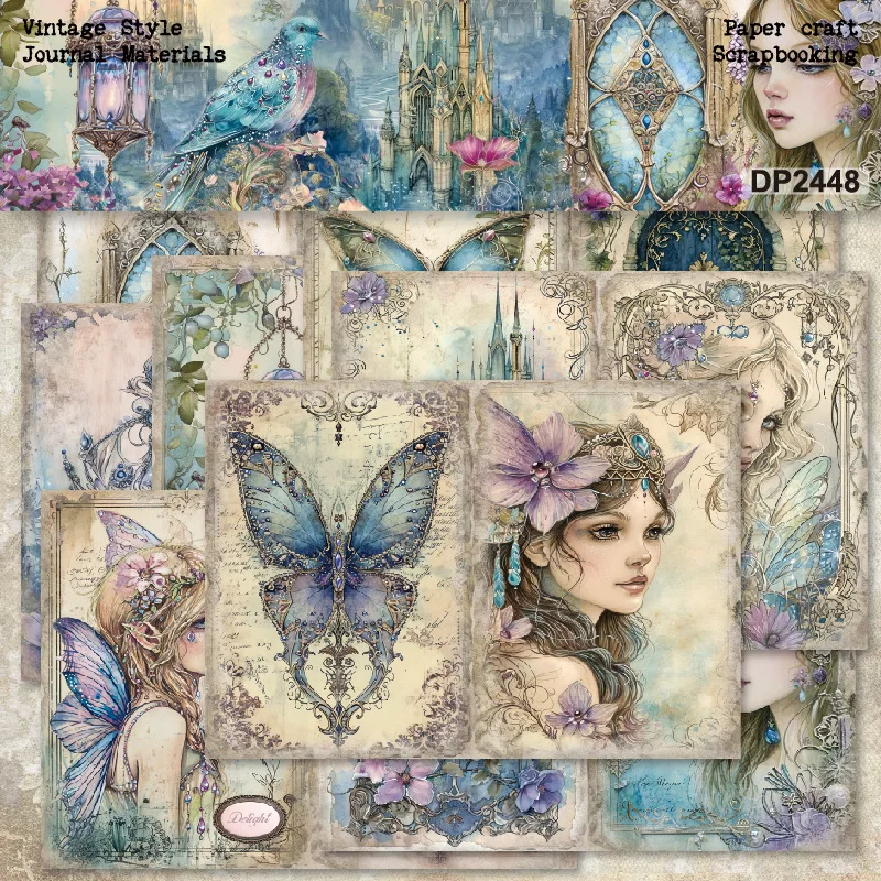 Vintage Fairy Butterfly Castle Old Script Print Paper Pad Scrapbooking Cardstock Journal Background DIY Craft Embellishment