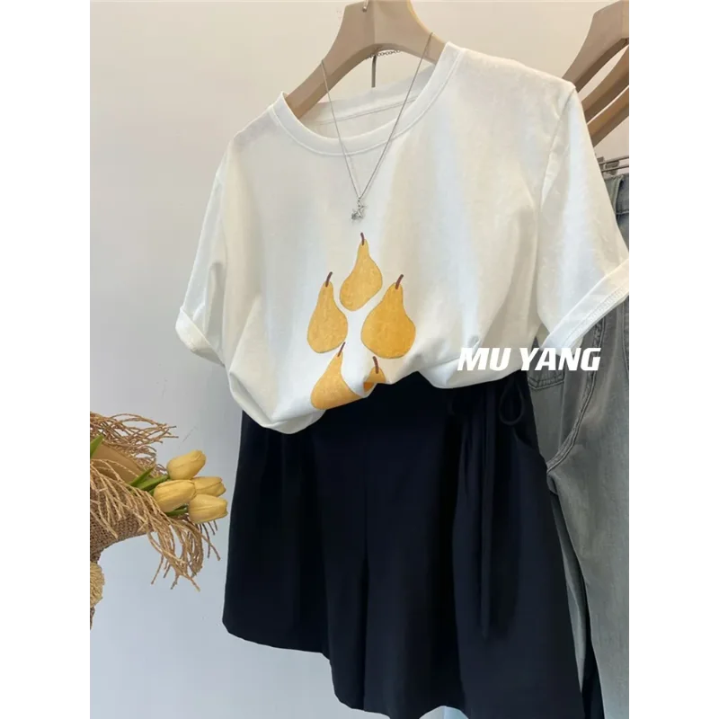 Korean Yellow Pear Print Short-sleeved T-shirt Summer New Loose Cotton Top Women