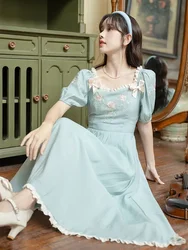 Mori Sweet Vintage Dress Elegant and Pretty Women's Dresses Summer Clothes High Quality Bow Square Neck Embroidery Vestido Mujer