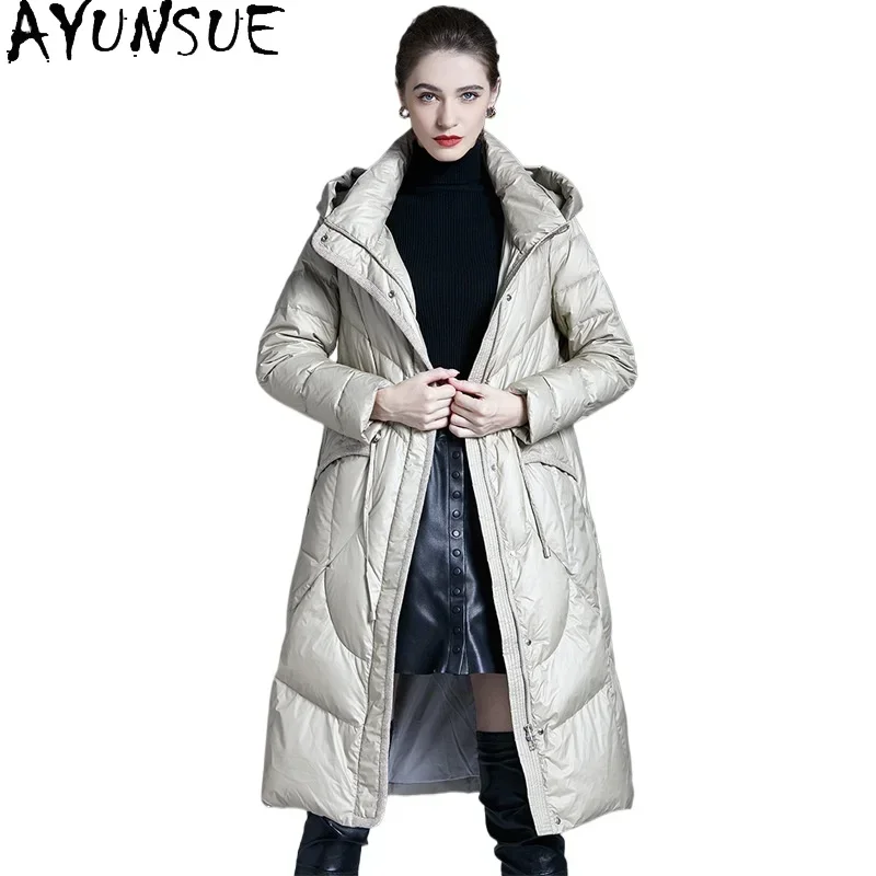 AYUNSUE White Duck Down Puffer Jacket Women High Quality Long Down Coats with Hood 2024 Winter Luxury Clothes Loose Fit Пуховики