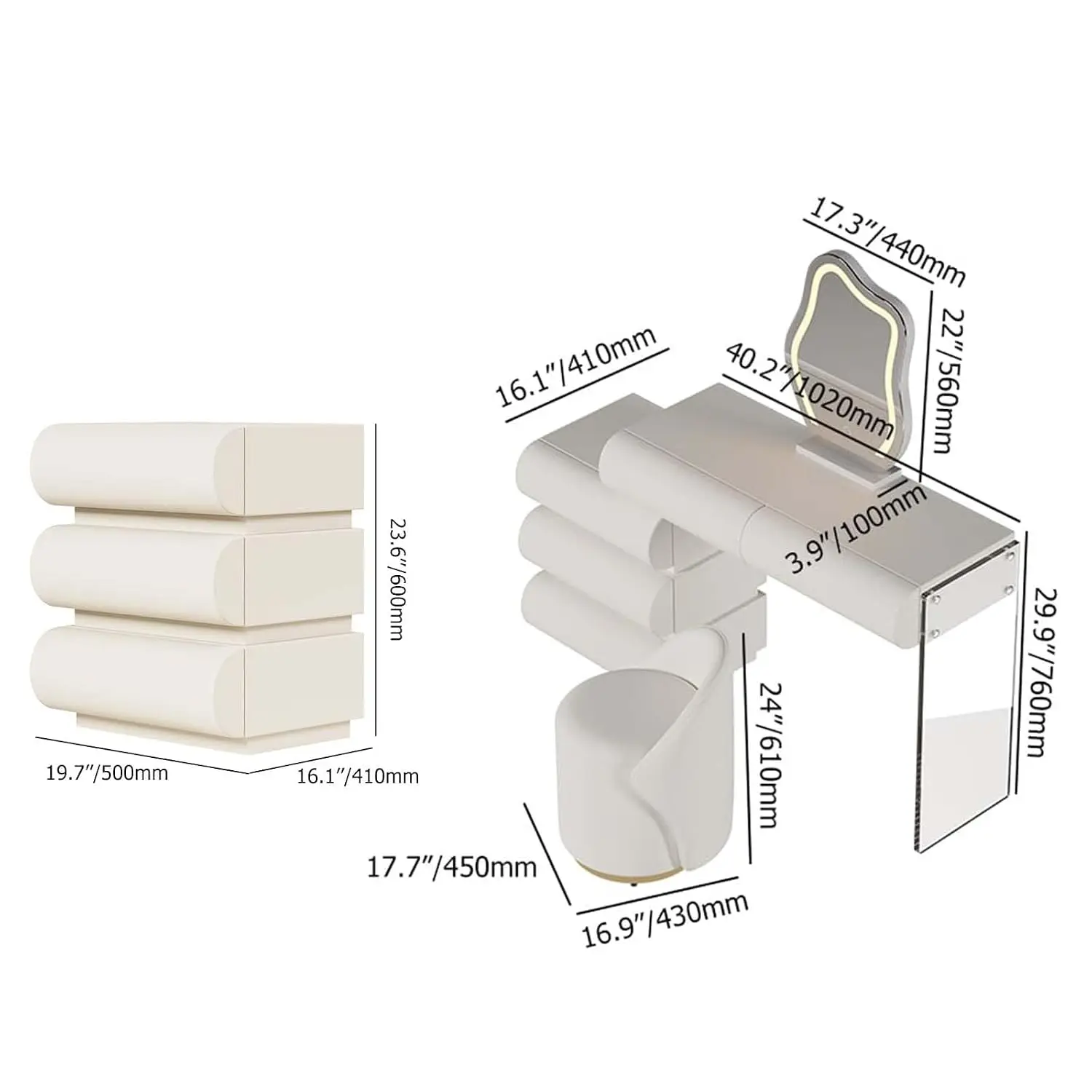 White Vanity & Nightstand Set with LED Mirror & Wireless Charging, PU Leather Bedroom Furniture, Customized