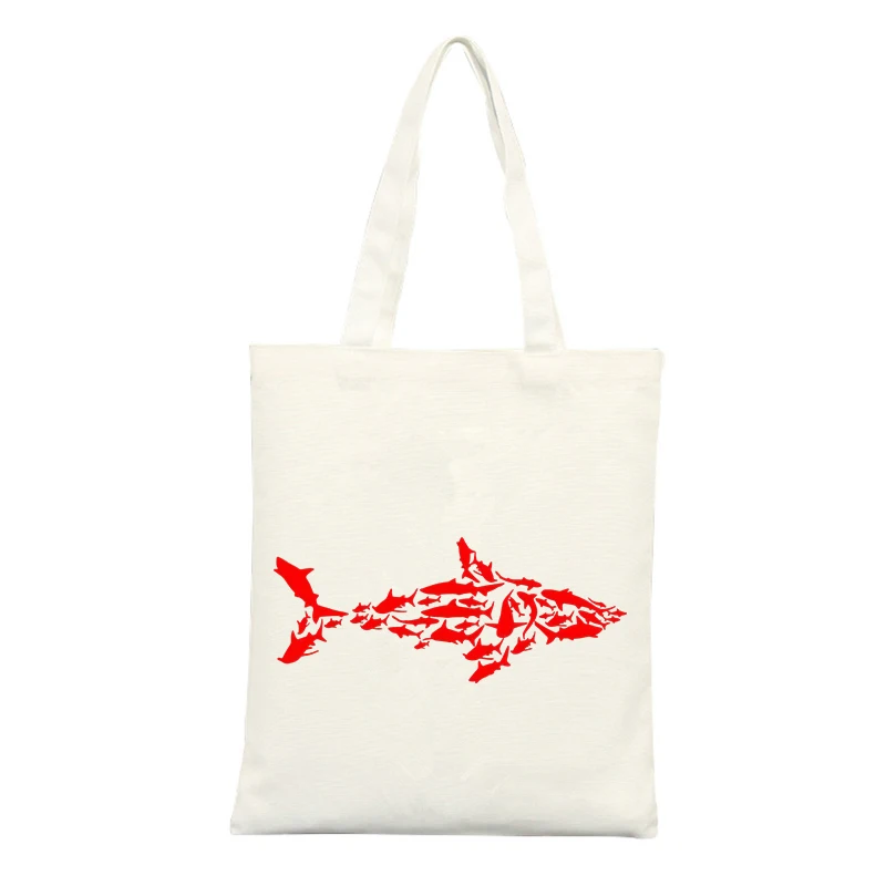 Shark Graphic Canvas Tote Bag, Casual Style for Daily Shopping and Summer Outings