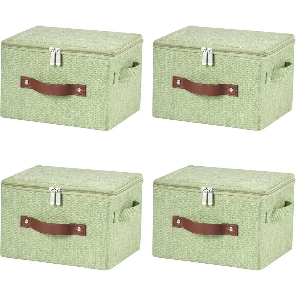 

Набор из 4 складных корзин для хранения с крышками на молнии, из хлопка и льна, моющиеся, для организации одежды в шкафу