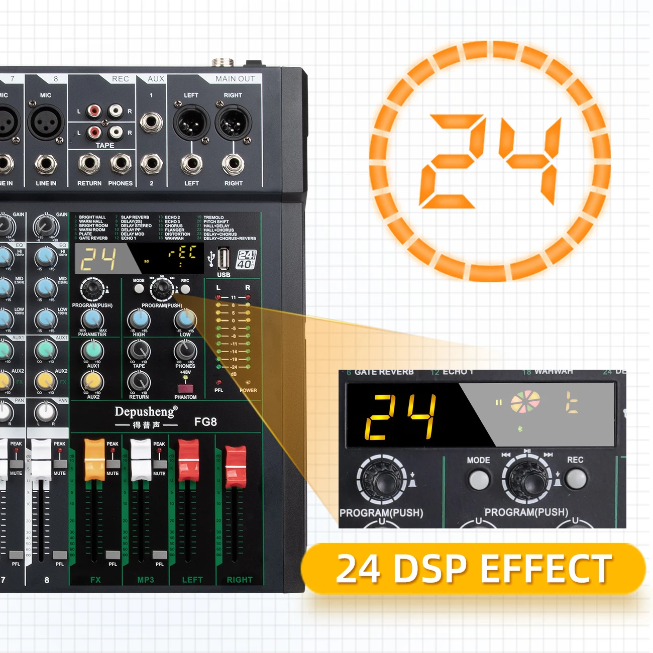 Mixer Audio deusheng FG8 8 canali DJ Mixing Console PC USB Record Bluetooth-funzione 24 effetti digitali 48V Phantom Power