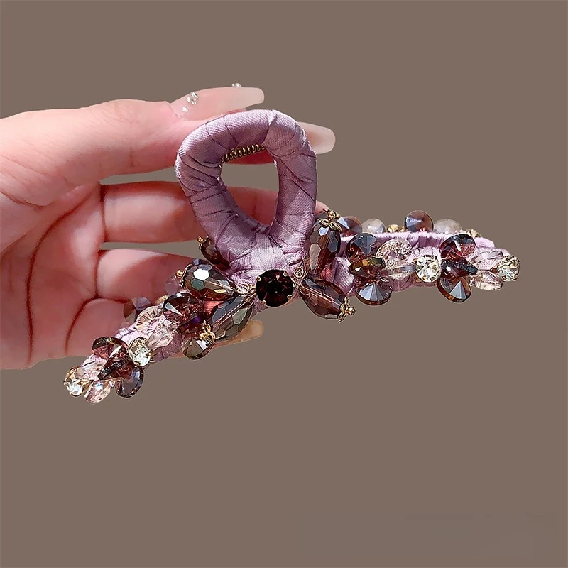 Women New Purple Crystal Rhinestone Hair Claw Elegant Back Head Half Up Shark Clip Princess Hair Accessory