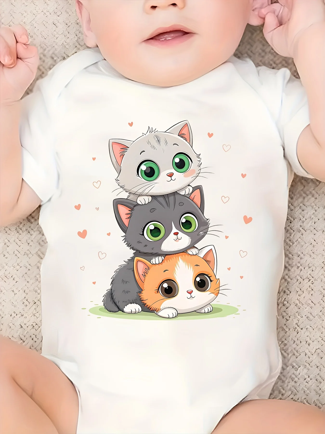 Cat Cartoon Pattern Infant Round Neck Short Sleeve Bodysuit Soft Breathable Easy Diaper Change Durable Snap Button Design Baby