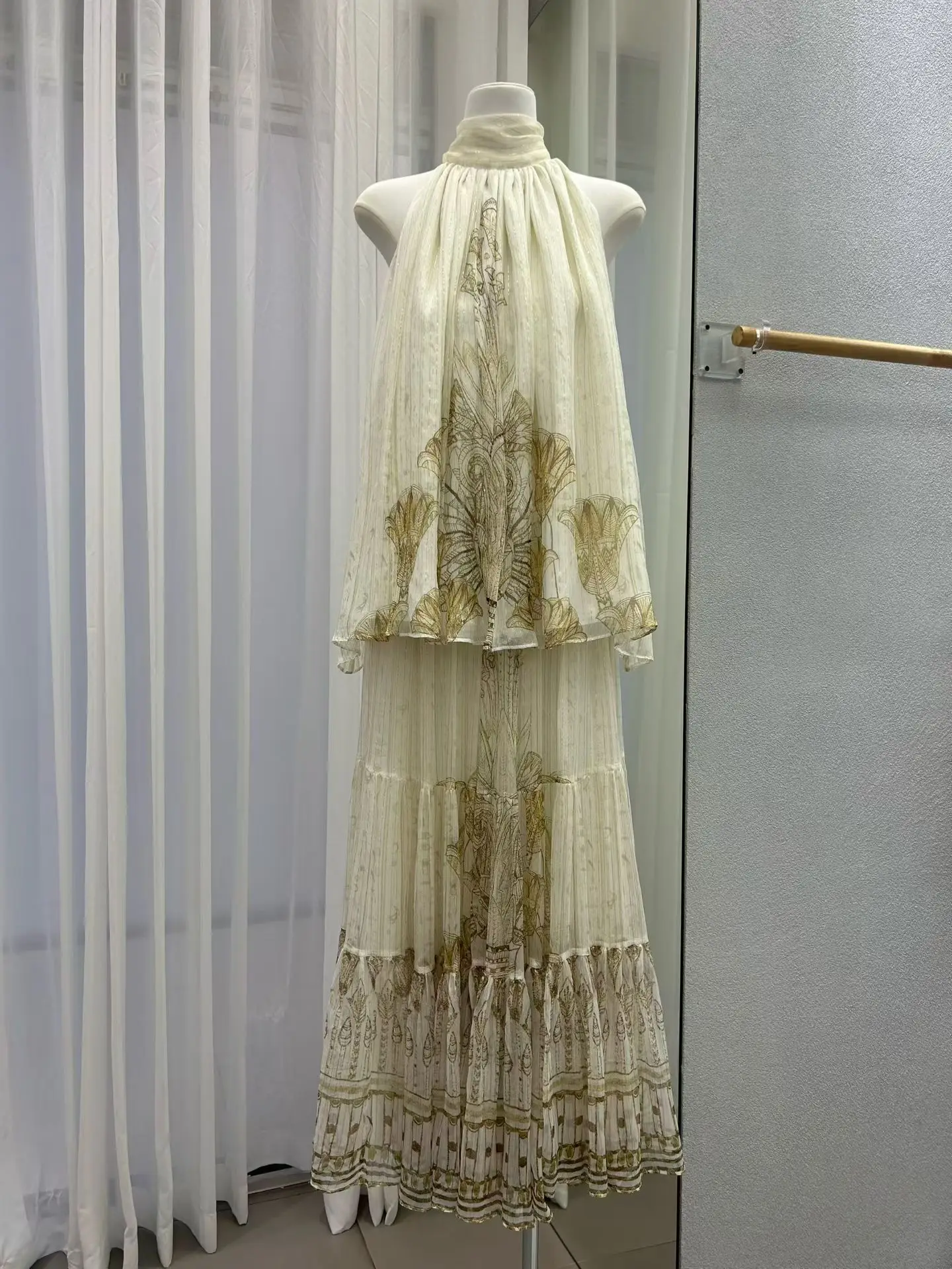 100% Silk Women Golden Print Shiny Set Ribbon Stand Collar Sleeveless Vest + High Waist Pleated Long Skirt Elegant Ladies Suit