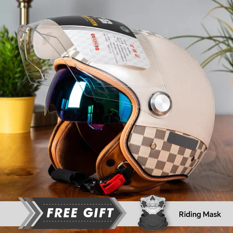 

Vintage Leather Open Face Helmet Double Visor Retro 3/4 Jet Motorcycle Helmets Daul Lens with Inner Visor Windproof