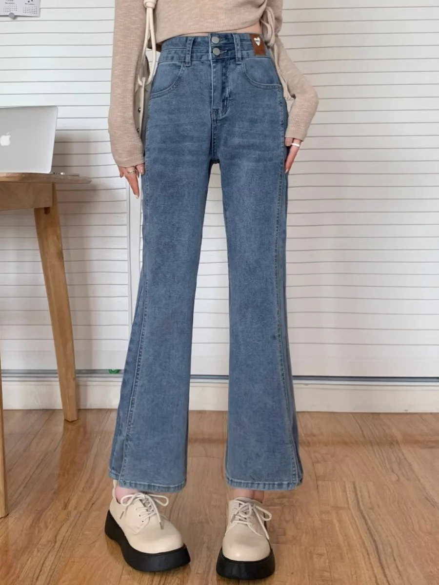 High Waist Bell Bottom Jeans Women's Autumn Winter plus Size Flared Pants Slimming Black Split Vintage Look Nine-Tenths Length