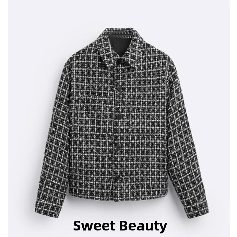 

Winter Men's Long Sve Coat with Flap Buttons And Plaid Texture Collar Stand up Outerwear Casual Loose Fit Woolen Coat