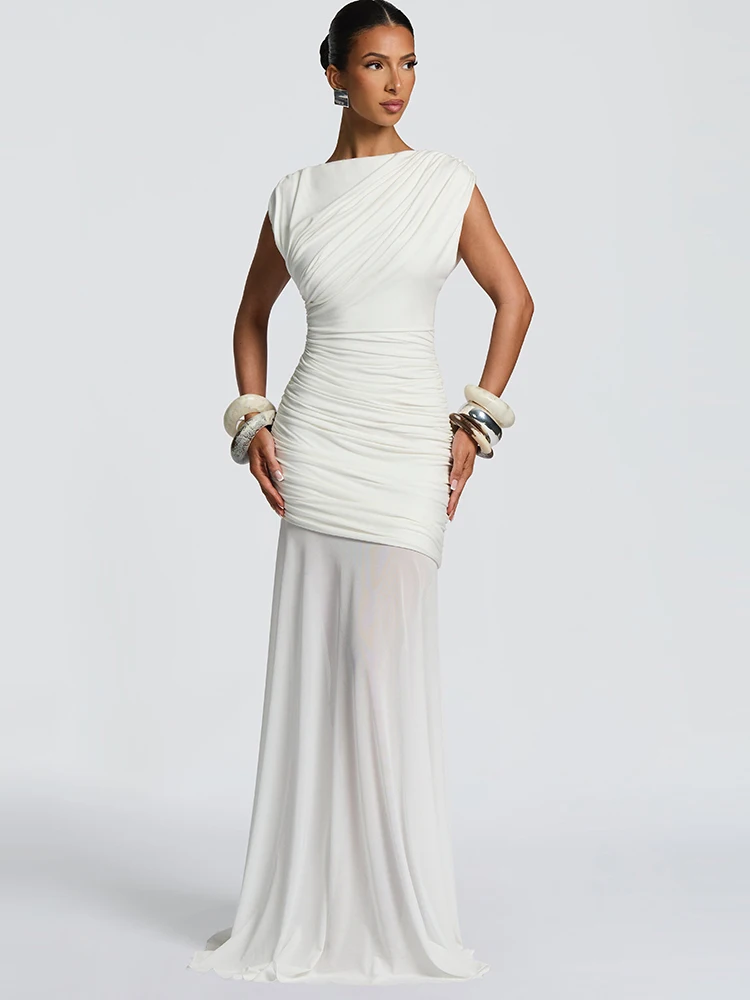 Sibybo Sheer Mesh Patchwork Elegante Vrouwen Maxi Jurk Sexy O Hals Mouwloos Gedrapeerde Ruches Slanke Bodycon Partywear Vrouwelijke Vestido