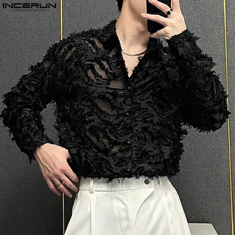 INCERUN Tops 2024 Korean Style Men\'s Hollow Plush Tassels Perspective Design Shirts Casual Streetwear Long Sleeved Blouse S-5XL