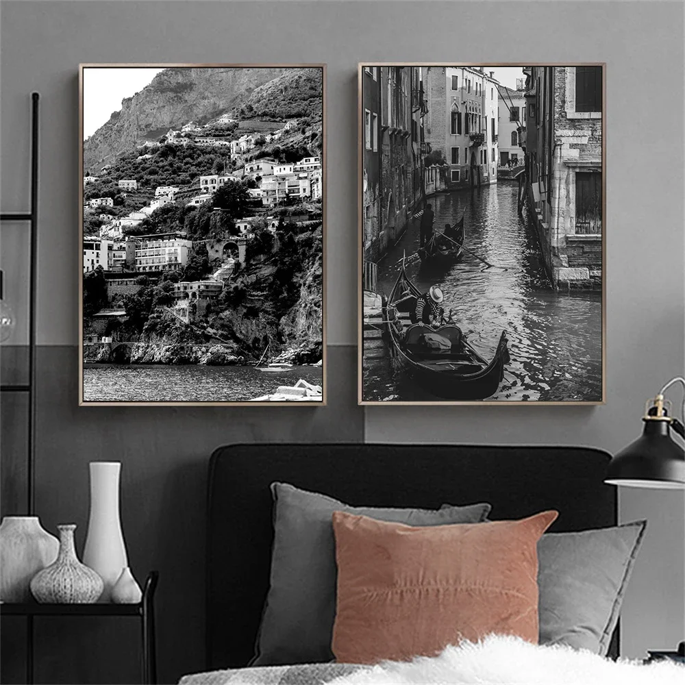 Monochrome Black White World Landmark Wall Art Print, Europe Classic Architecture City View Poster Canvas Painting Home Decor