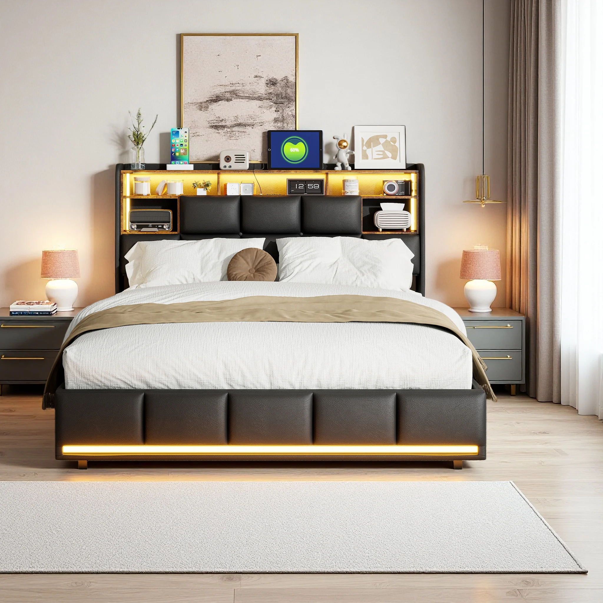 Fangange Tweepersoonsbed 140x190cm met LED-verlichting, hydraulisch opbergbed 140/160x200cm, hoofdbord met Type-C oplaadmogelijkheid
