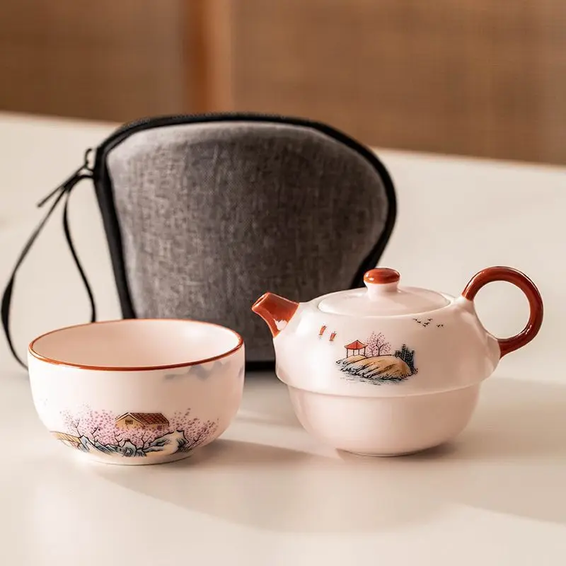 Ru Kiln Travel Tea Set, One Pot and One Cup of Teapot Set, Single Person Can Drink Teacup, Make Tea, Outdoor Portable