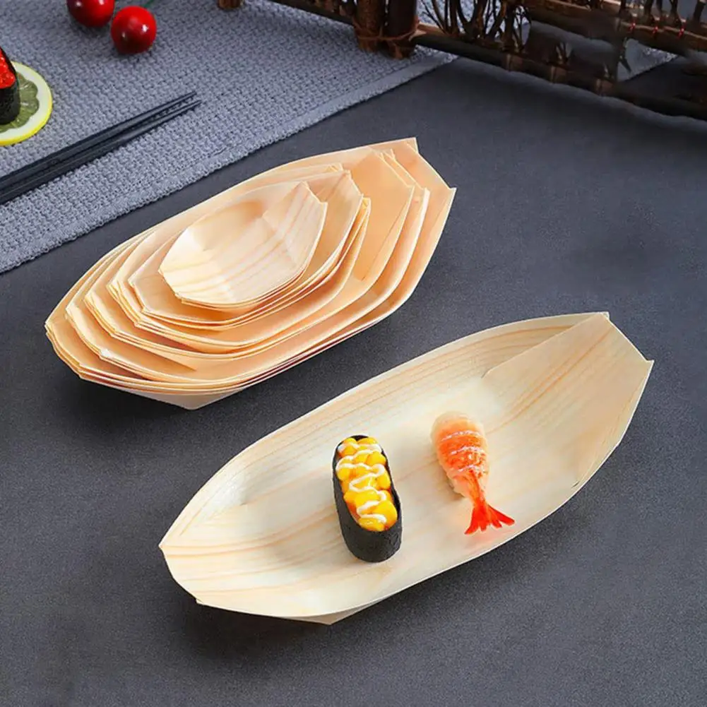 100Pcs Sushi Serving Boat Japanese Style Solid Wood Disposable Dessert Salad Appetizer Food Serving Plate Tray Kitchen Supplies