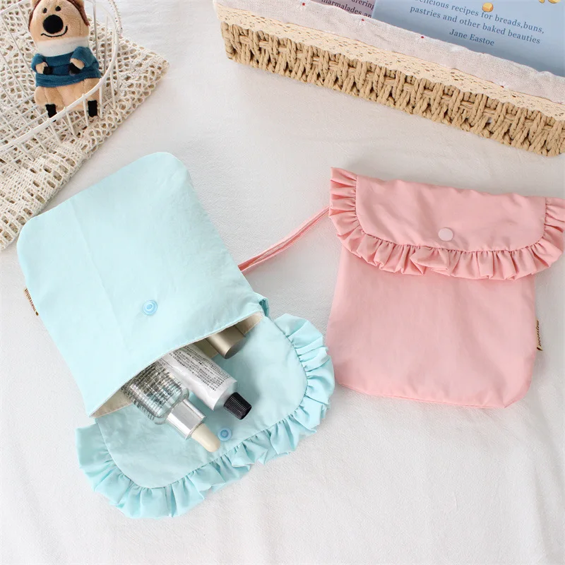 Custom Logo Ruffle Trim Storage Pouch Snap Button Cosmetic Makeup Bag Portable Sanitary Napkin Organizer Hand Pouch Wholesale