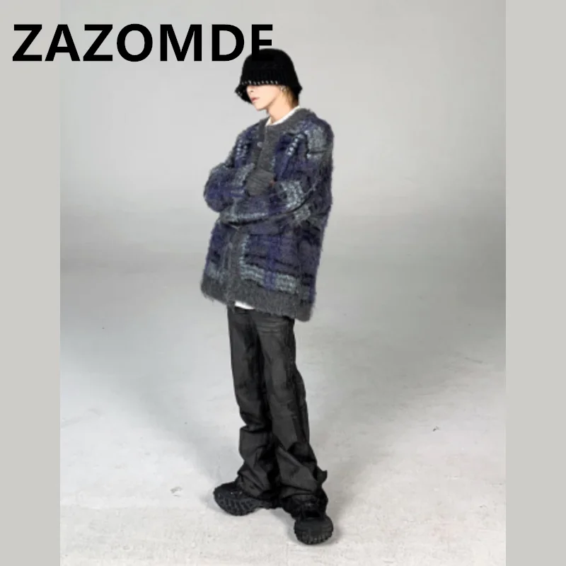 ZAZOMDE Wihter Vintage Striped Green Cardigan Sweater Men High Street Oversize Button Jumper Harajuku Loose Hip Hop Knitwear Top