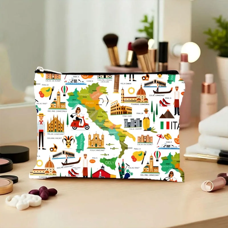Travel Daily Convenient and Stylish Wash Bag Makeup Pouch with Italian Style and Landmark Patterns, Suitable for Beach and Vacat
