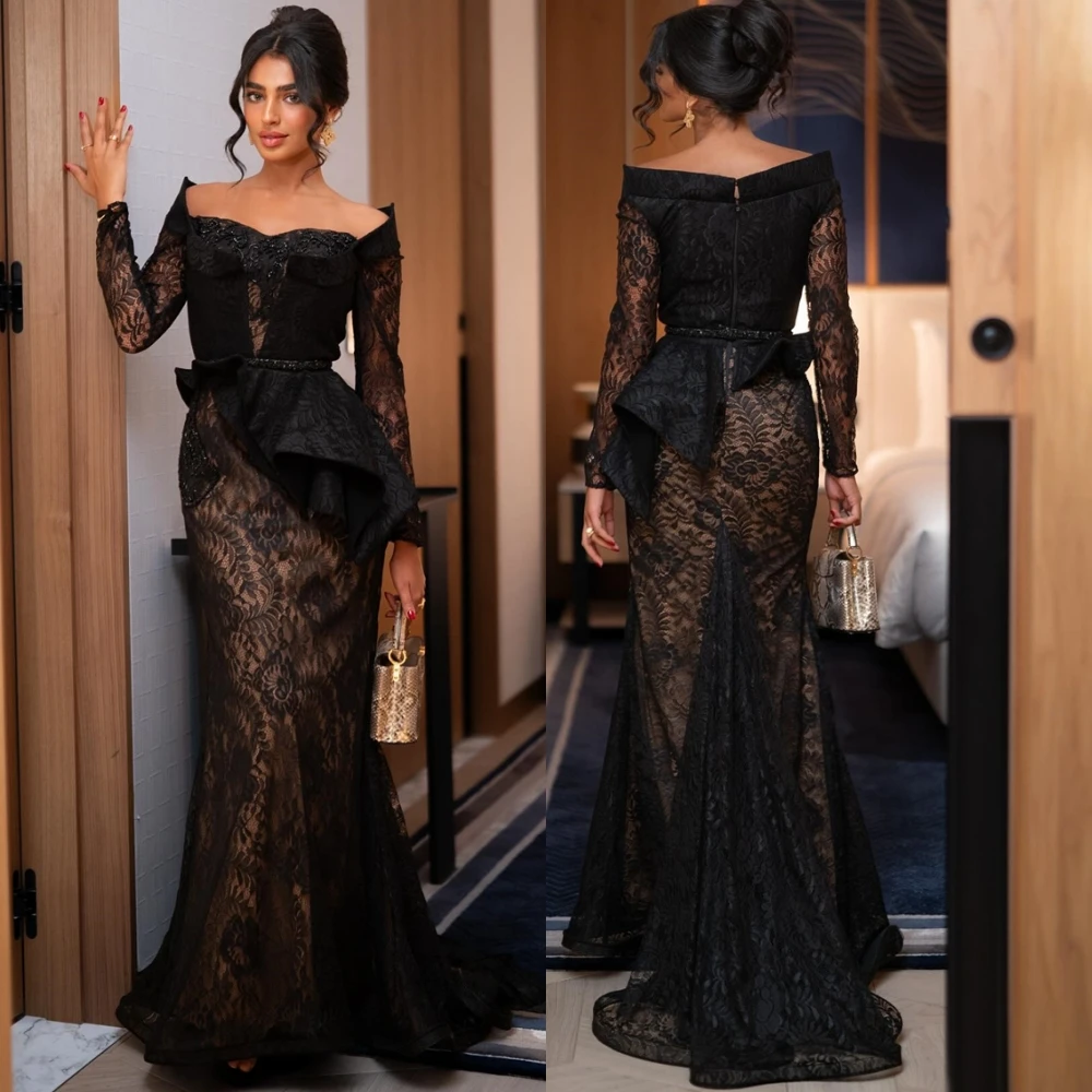 

Customized Exquisite Lace Boat Neck Evening Dress Classic Sweep Train Prom Dresses Fashion Long Sleeves Special Occasion Gowns