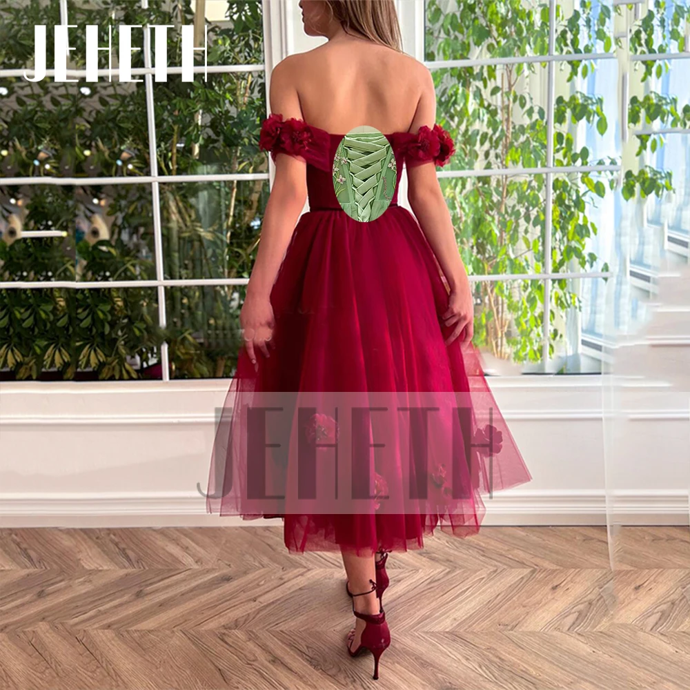 JEHETH Red 3D Flowers Tulle Off Shoulder Prom Dress Elegant Graduation Open Back Sweetheart A-Line Tea Length Evening Party Gown