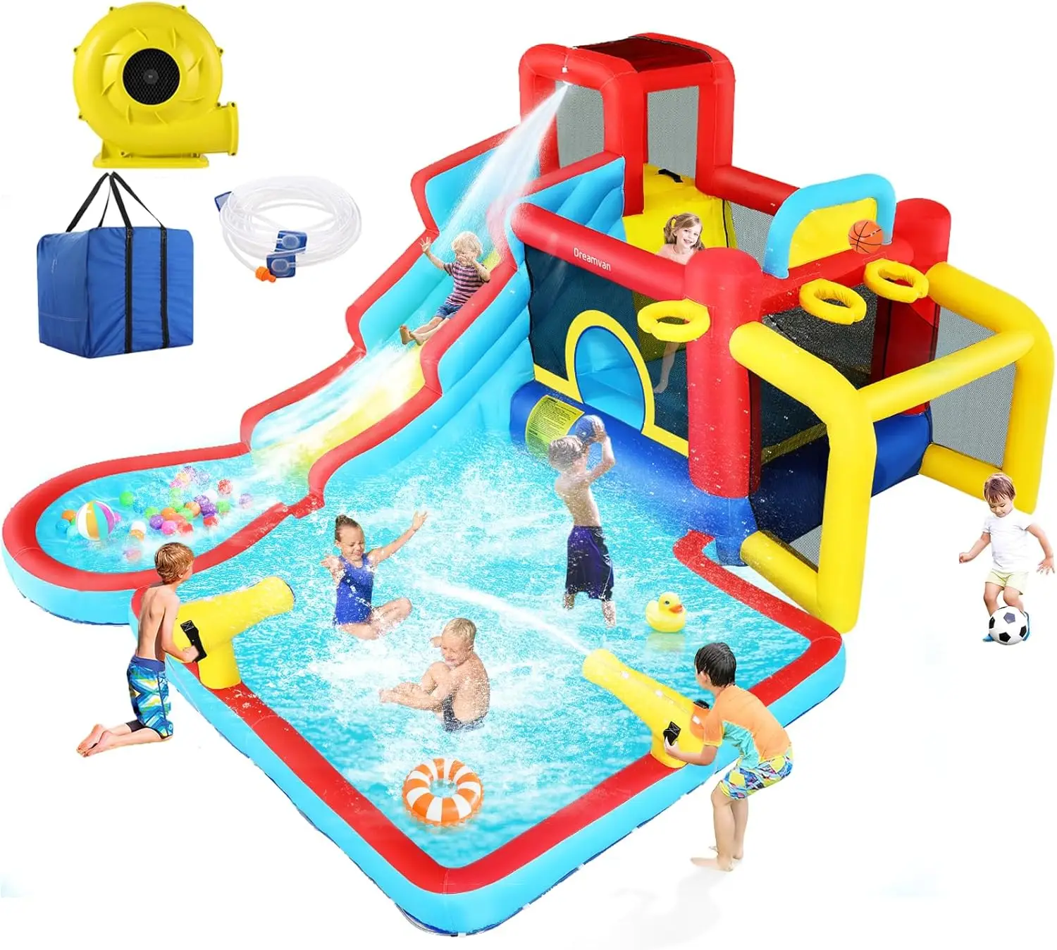 

Inflatable Water Slide 10 in 1 Water Park with Splash Pool, Jump Area, Water Slide, Football Gate, Top Sprayer, Basketball Hoop,