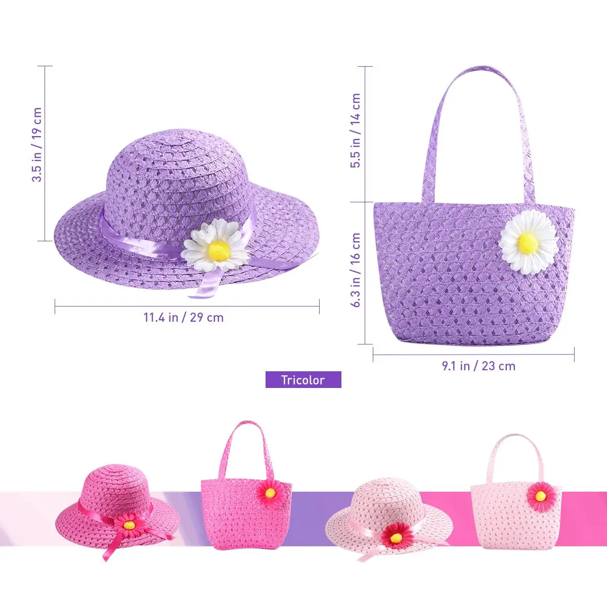 

3 Sun 3 Handbags Set Girls Tea Party Hat Girls Straw Summer Beach Tea Fashion Toddler Princess Favors Sunflower