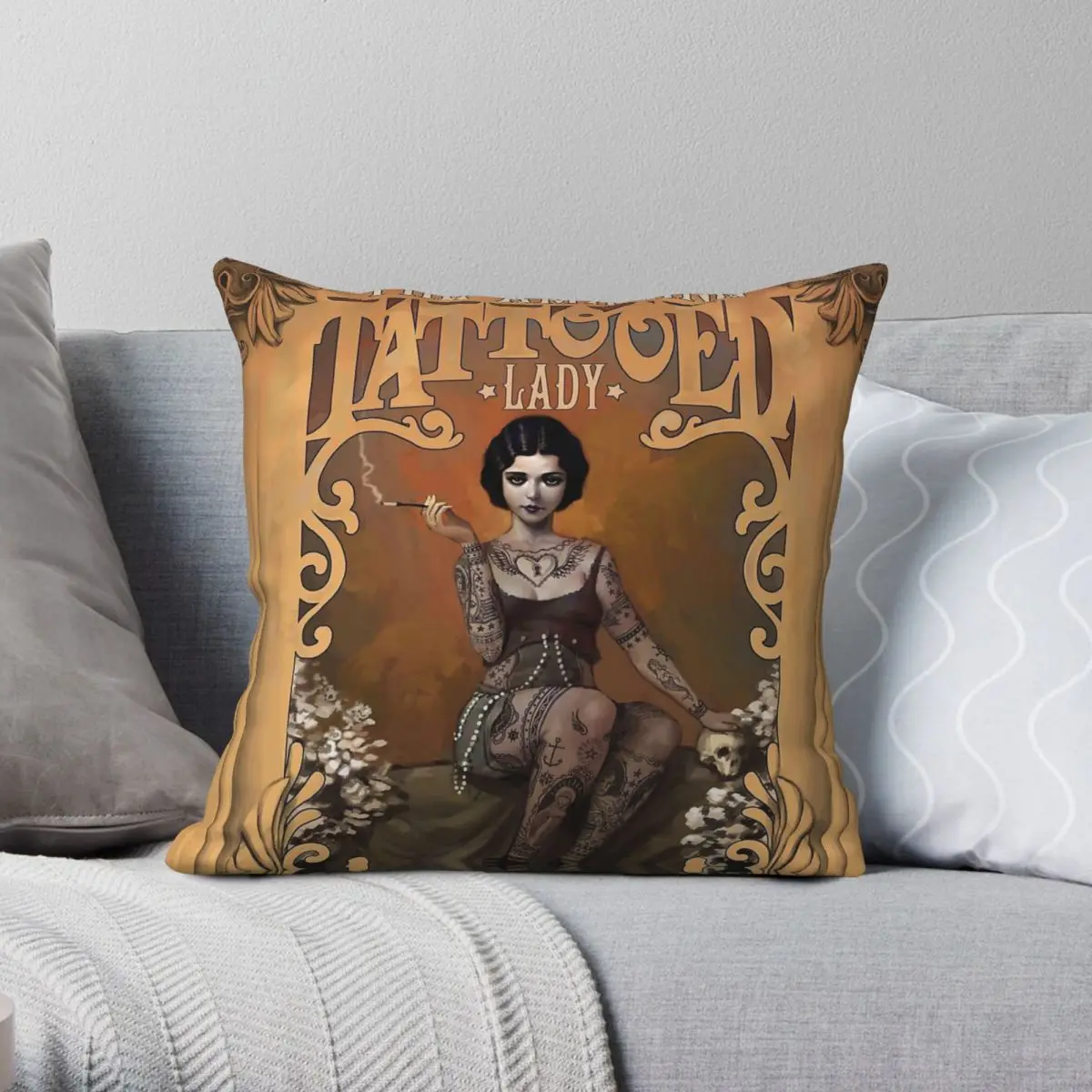 

Tattooed Lady Vintage Circus Square Pillowcase Polyester Linen Velvet Creative Zip Decorative Car Cushion Case